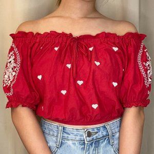 TOPSHOP RED PUFF SLEEVE CROP TOP